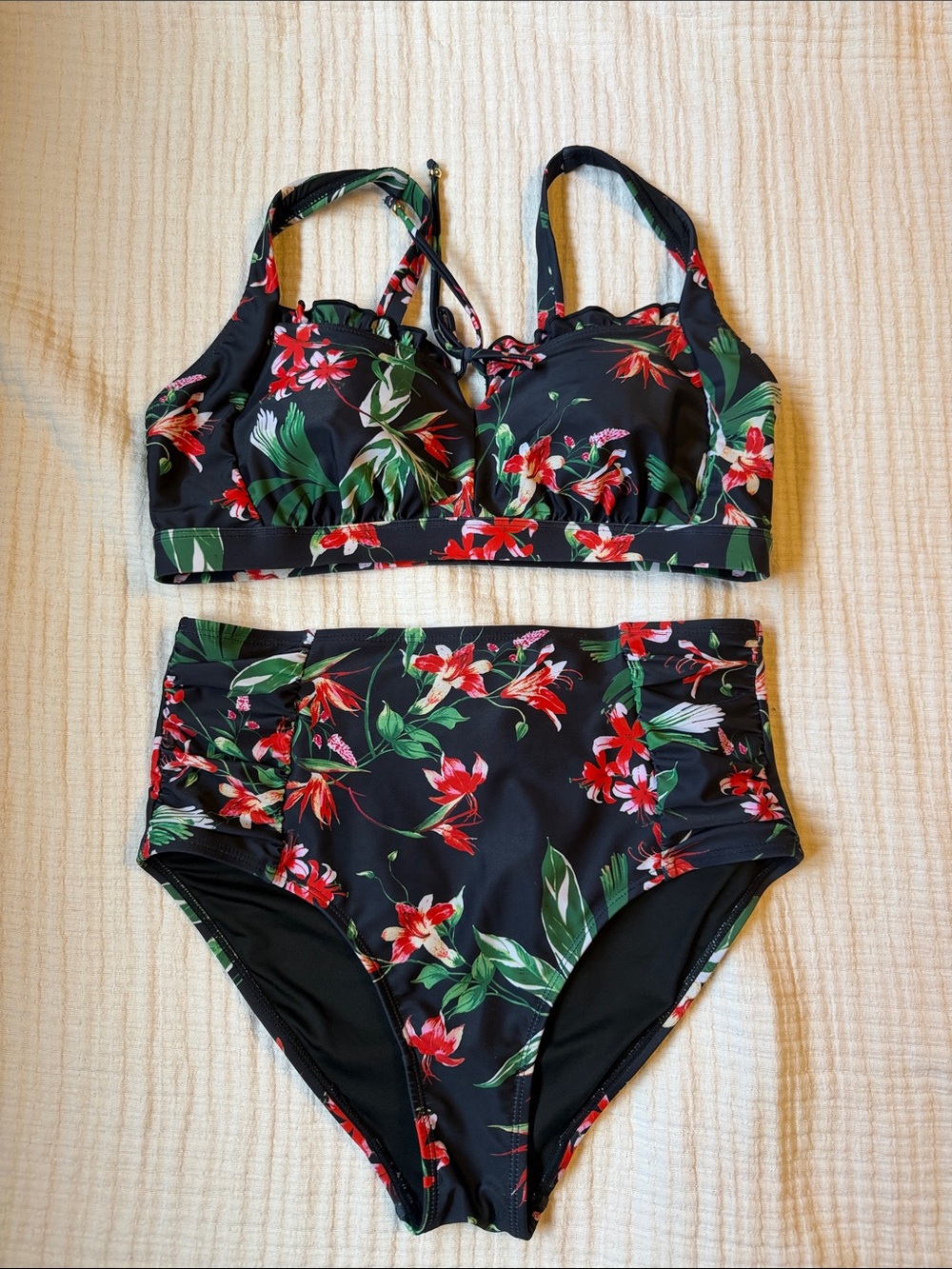 Black Floral High-Waist Bikini Set with Red & Green Print